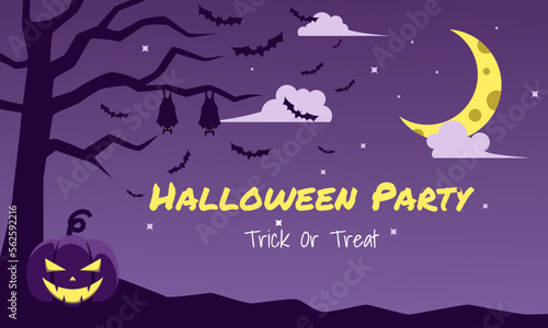 Halloween Party Flat Design. Silhouette of twig with pumpkin. Halloween night vector Illustration. 