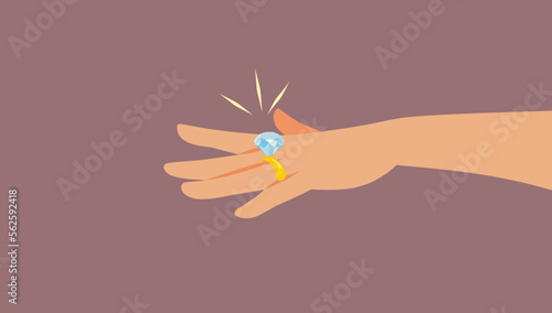 Woman Showing off Her Big Diamond Ring Vector Cartoon Illustration. Engaged girl wearing a large gemstone on her ring finger
