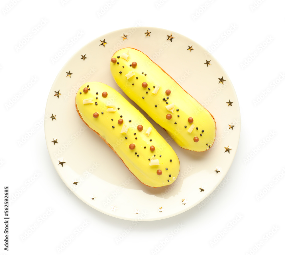 Plate with delicious glazed eclairs isolated on white background