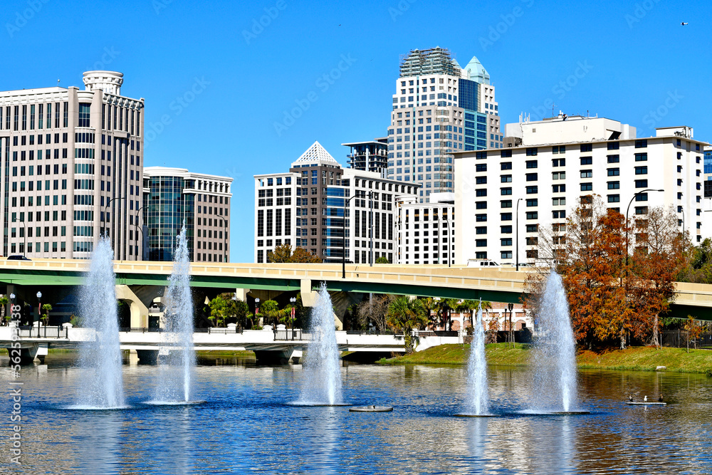 Downtown Orlando Skyline with water fountains. Located in Orlando, Orange County, Florida, USA.