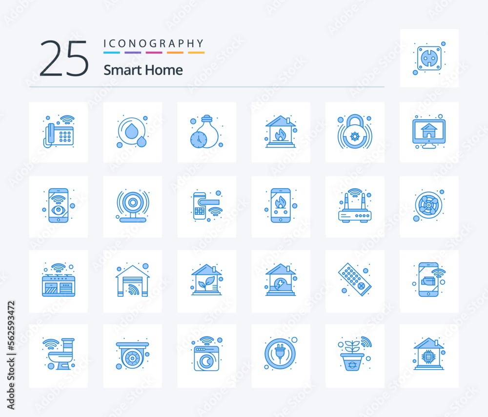 Smart Home 25 Blue Color icon pack including smart lock. home. lighting. control. home