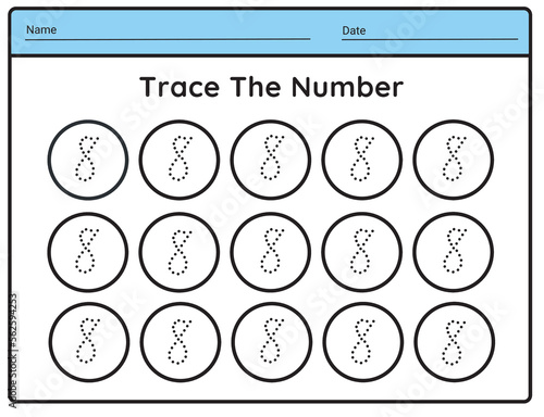 Number 8 tracing practice worksheet with all numbers for kids learning to count  Worksheet. illustration vector