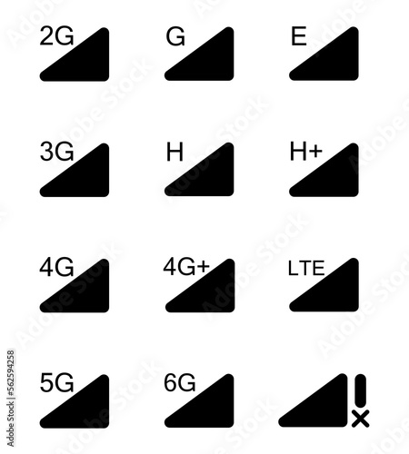 Phone mobile signal. Status bar connection icon. Network icon pictures. Icon in black fill style on white background. Network signal icons. 5g, 2g, 3g, 4g, lte, volte network icons.