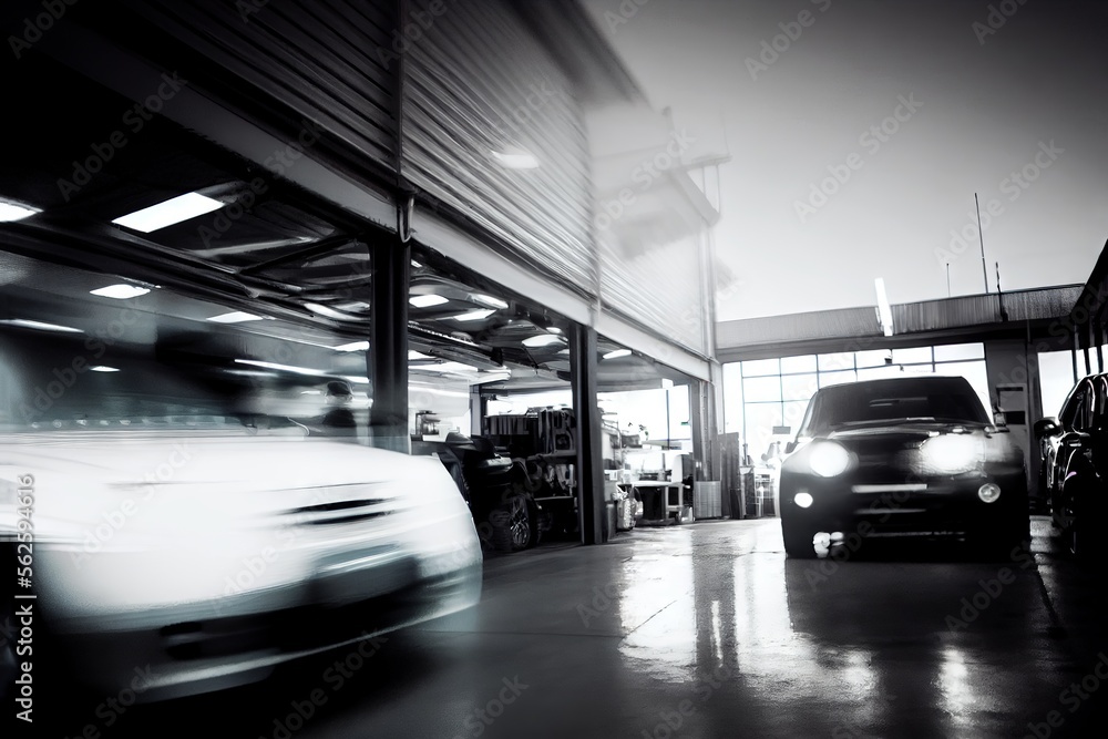 Illustration of image blur of a car dealership service center garage.
generative ai
