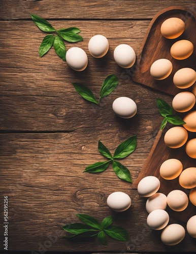 easter eggs and flowers on a white wooden background.