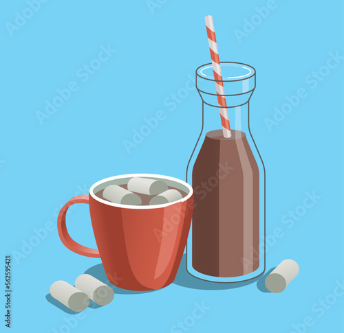 Hot chocolate, cocoa with  marshmallows. Mug and bottle of hot beverages with straw