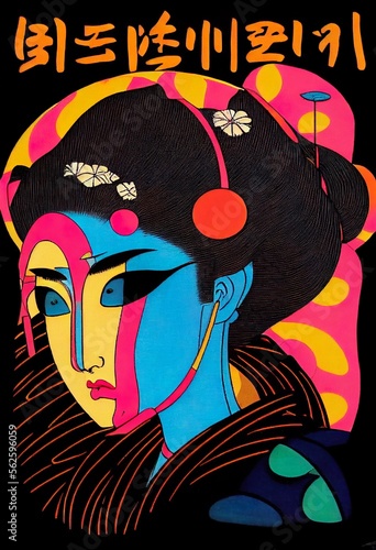 Crazy Intense Beauty: A Cartoon Illustration of an Asian Woman with a Masked Face, Fashionable Hair and Music-Fueled Party Night