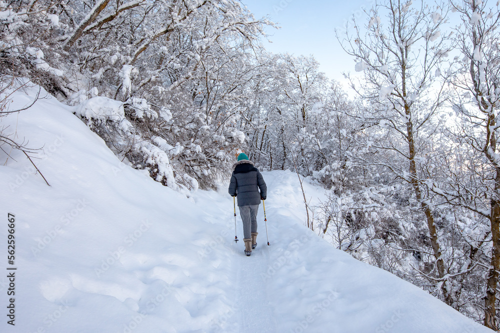 Female hiking on a snow trail in the mountains