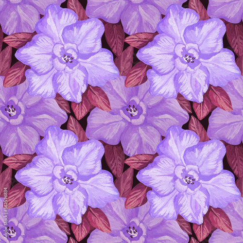 Seamless pattern with tropical flowers. Color illustration. Watercolor and gouache illustration. The print is used for Wallpaper design, fabric, textile, packaging.