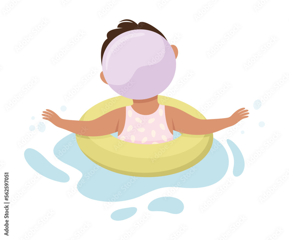 Happy Girl in Swimming Pool Wearing Cap Splashing in Water with Rubber Ring Back View Vector Illustration