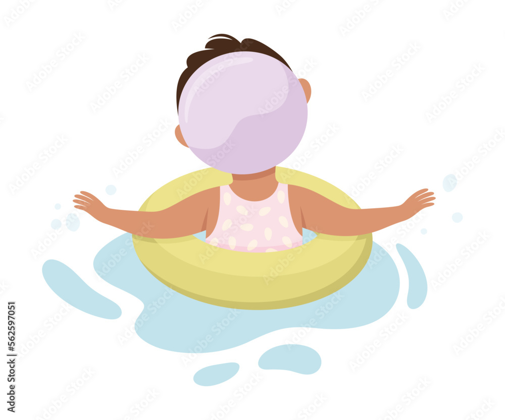 Happy Girl in Swimming Pool Wearing Cap Splashing in Water with Rubber Ring Back View Vector Illustration Happy Girl in Swimming Pool Wearing Cap Splashing in Water with Rubber Ring Back View Vector Illustration