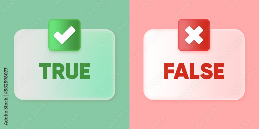True or False banner. Green check mark and cross mark symbols icon