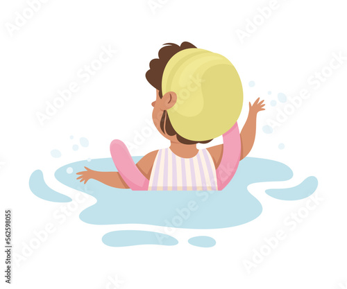 Happy Girl in Swimming Pool Wearing Cap Splashing in Water with Noodle Vector Illustration