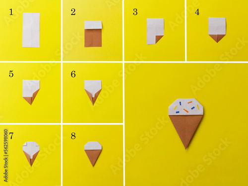 Step by step photo instruction how to make origami little ice cream. Simple diy with kids children's concept. Collage of the steps photo.