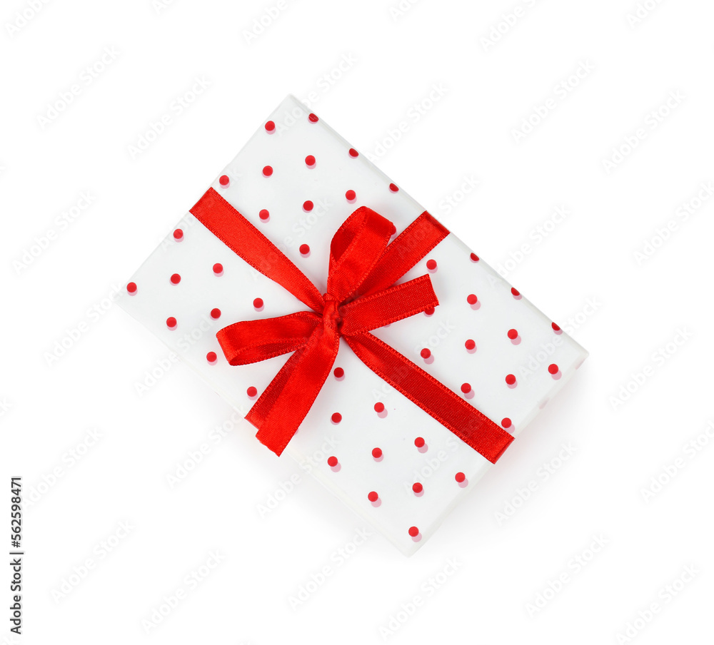 Gift box with red satin ribbon isolated on white background. Valentine's Day celebration Gift box with red satin ribbon isolated on white background. Valentine's Day celebration
