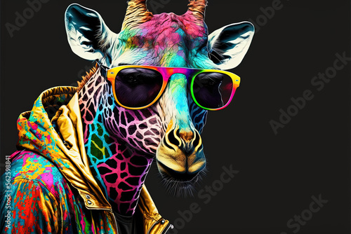 art neon. giraffe with hoodie and colored sunglasses. colored. art