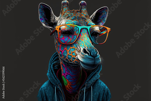 art neon. giraffe with hoodie and colored sunglasses. colored. art
