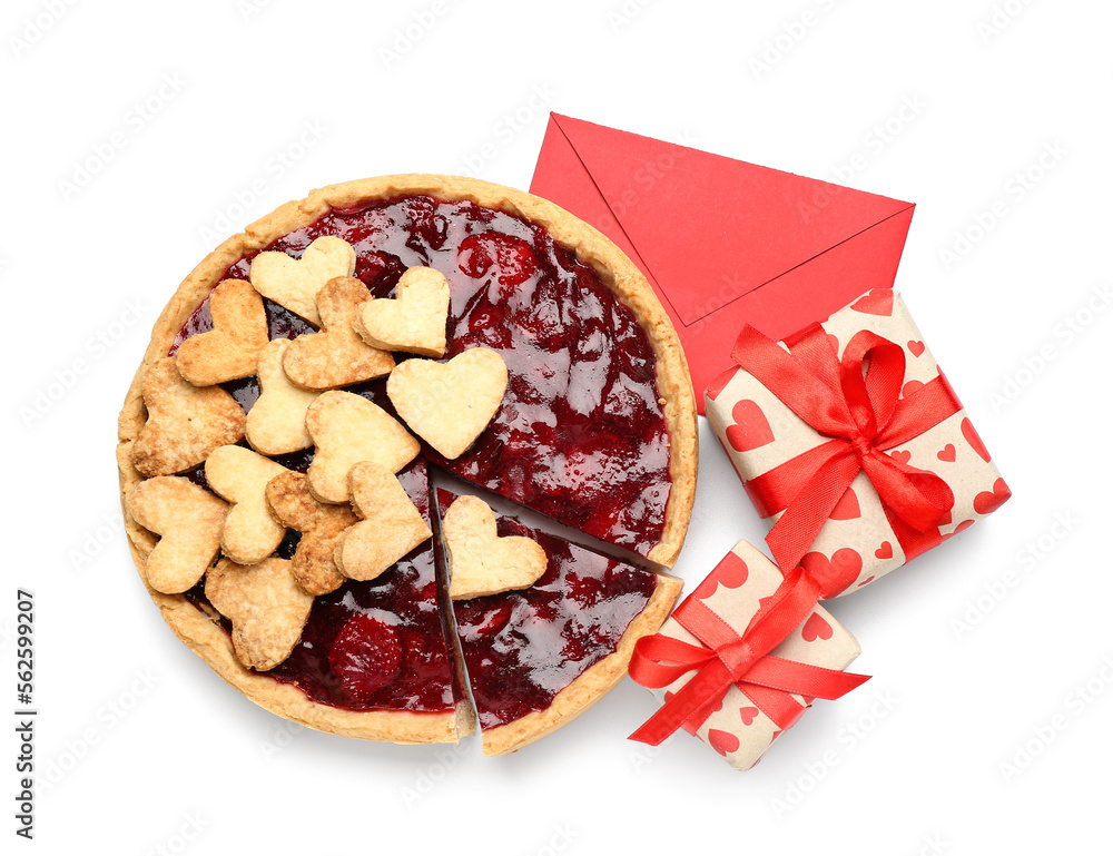 Sweet strawberry pie with cookie hearts and gifts for Valentine's day isolated on white background Sweet strawberry pie with cookie hearts and gifts for Valentine's day isolated on white background