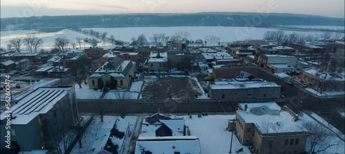 Aerial View Of St. Croix River Behind Buildings In Winter In Hudson Wisconsin
