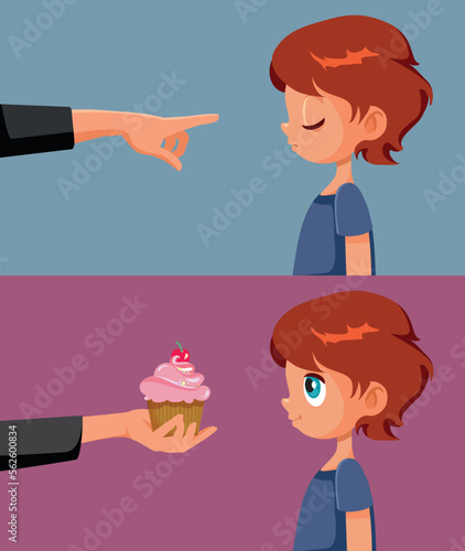 Child Responding to Punishment or Reward Parenting Technique Vector Cartoon. Parent offering positive and negative response to son behavior 
