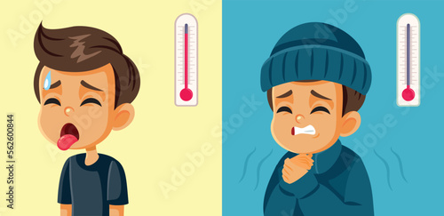 Child Suffering in Winter and Summer from Cold or Heat. Stressed buy feeling too hot or freezing during extreme temperature seasons 
