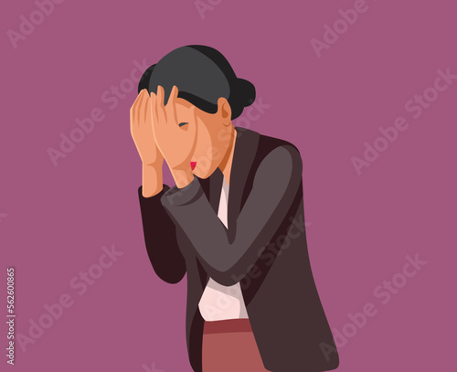 Unhappy Businesswoman Feeling Burnout and Depression Vector Illustration. Stressed businessperson feeling harassed at the workplace 
