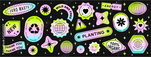 Set Collection of elements patches, labels, tags, stickers, and stamps. Zero waste, Planet, plants, recycle, save the planet.  Vector set, trendy