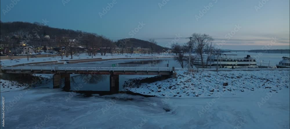 Drone Truck Right Shot of Hudson Dike On The Frozen St. Croix River In Hudson WI Drone Truck Right Shot of Hudson Dike On The Frozen St. Croix River In Hudson WI