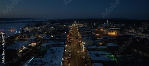 Businesses On 35 Near St. Croix In Hudson Wisconsin In Winter - Night Aerial