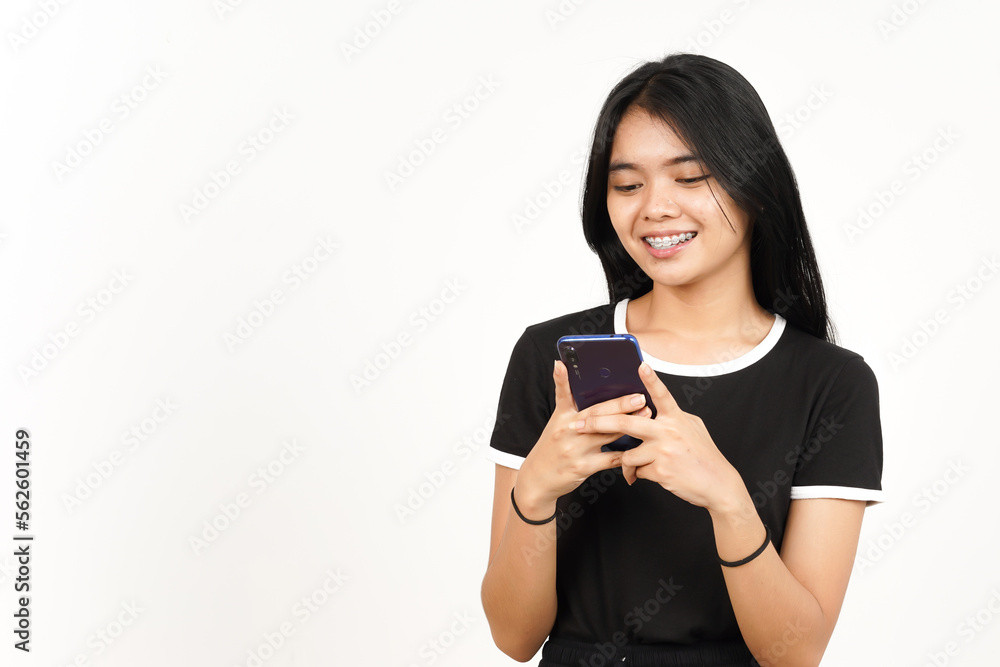Holding or Using Smartphone and Smile Of Beautiful Asian Woman Isolated On White Background Holding or Using Smartphone and Smile Of Beautiful Asian Woman Isolated On White Background