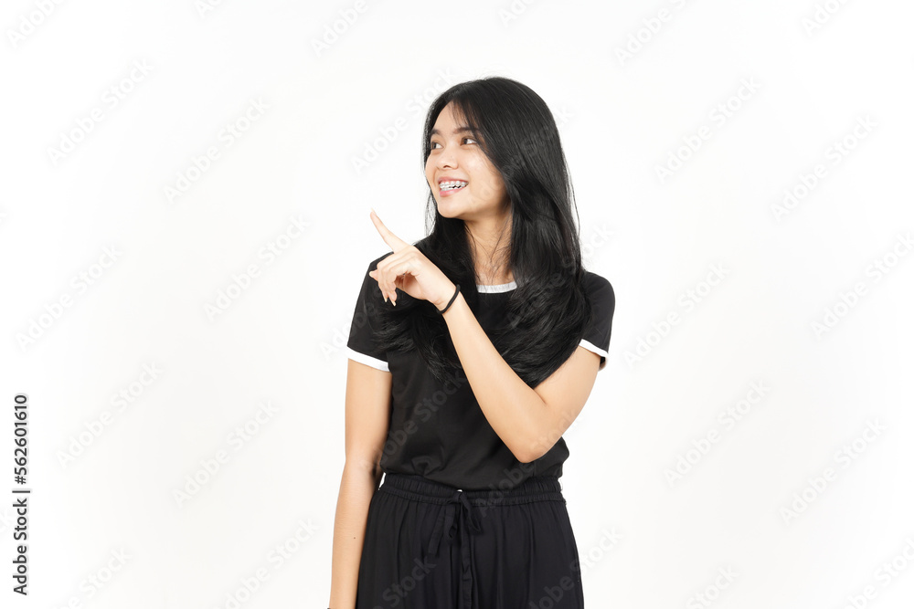 Showing Product and Pointing Side using forefinger Of Beautiful Asian Woman Isolated On White Showing Product and Pointing Side using forefinger Of Beautiful Asian Woman Isolated On White