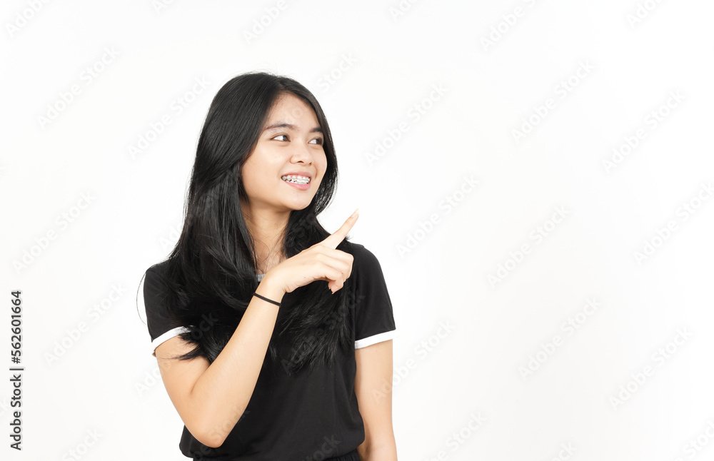 Showing Product and Pointing Side using forefinger Of Beautiful Asian Woman Isolated On White Showing Product and Pointing Side using forefinger Of Beautiful Asian Woman Isolated On White