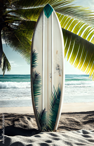 Surfboard on a beach with waves and palm trees; generative AI photo