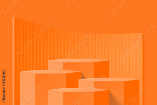 Abstract orange 3d background in studio room. Realistic 3d hexagon podium stand with round curve shape. render in minimal wall scene for mockup or product display stand.