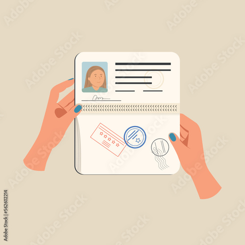 Hand holding international passport template, personal data page with photo, Document for travel and immigration.