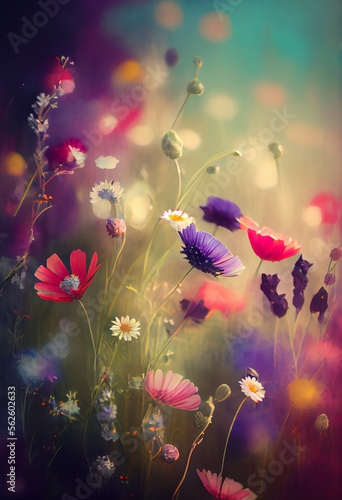beautiful realistic painting of a meadow full of wildflowers, a variety of colors, sway in the breeze, soften, bokeh background.