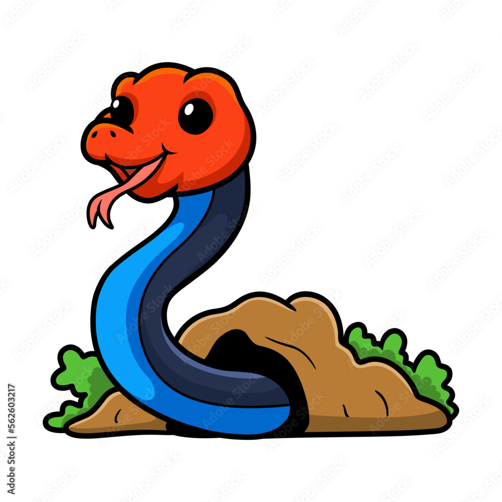 Fototapeta premium Cute red headed krait snake cartoon out from hole