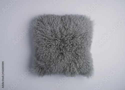 Gray fluffy mohair throw pillow photo