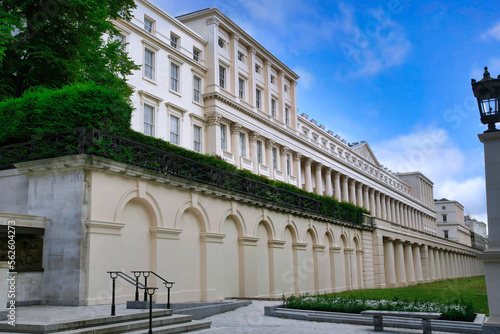 Carlton House Terrace in London, a long row of elegant classical style townhouses from the early 19th century, many now converted to prestigious office space, near the Mall