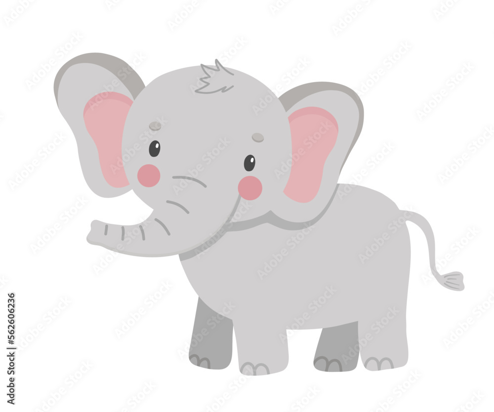 Fototapeta premium Cute elephant in cartoon style. Drawing african baby wild animal isolated on white background. Vector sweet giraffe for kids poster and card. Jungle safari animal