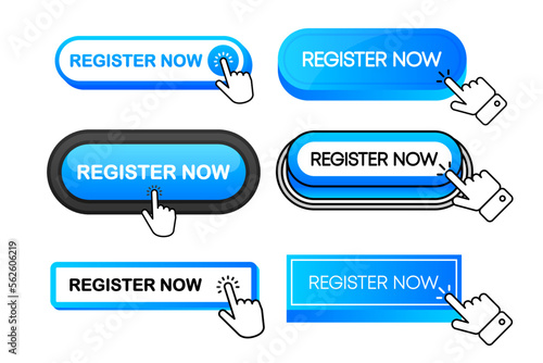 Register Now vector blue button collection in different flat style. Register Now icon isolated on white background. Vector illustration.