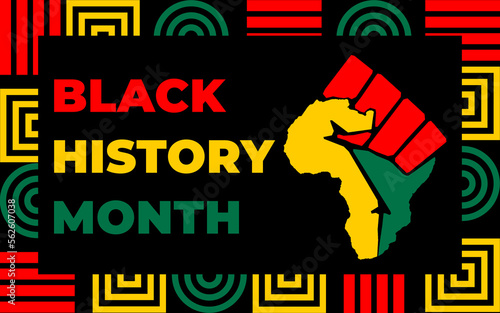 Black history month 2023 Celebration Background.  Black History Month text with human Fist and Seamless Pattern. Celebrated annually in February in the USA and Canada.