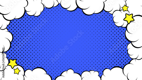 雲のフレームとドットの背景 　
雲は白色　背景は青色