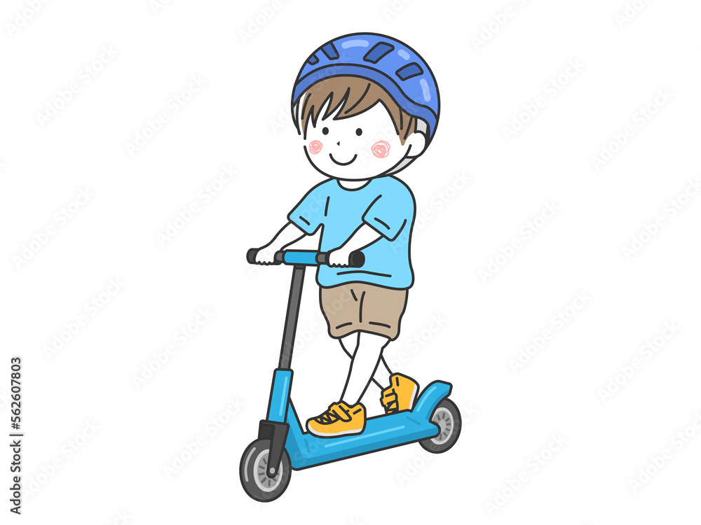 ヘルメットをかぶって、キックスケーターに乗る、男の子のイラスト ヘルメットをかぶって、キックスケーターに乗る、男の子のイラスト