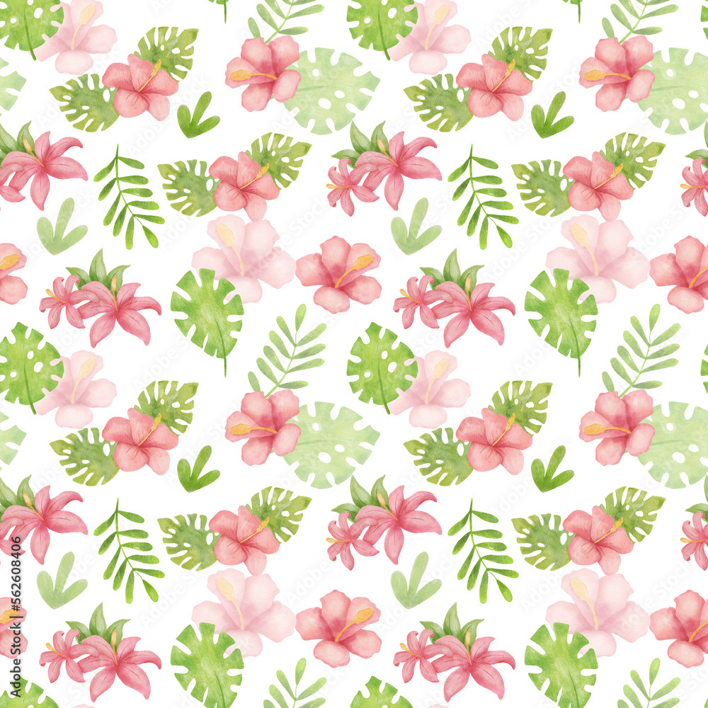 Watercolor tropical seamless pattern with pink hibiscus and monstera leaves on white. Summer floral print