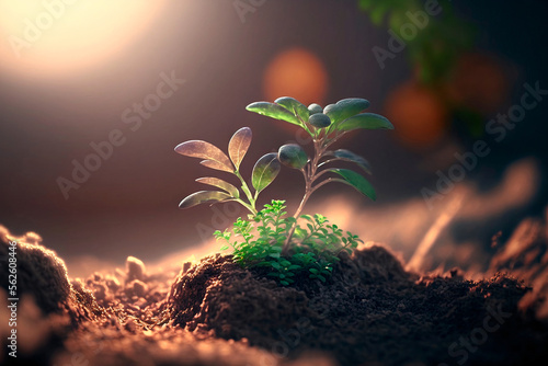 A small green sprout growing out of the ground. Eco concept. Generative AI