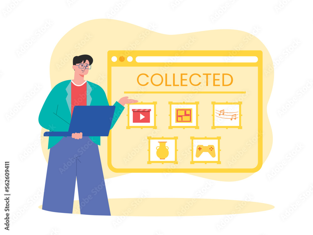 A variety of unique collectibles that can be used for NFT business. The character wears glasses and uses a laptop. Presentation activity. A variety of unique collectibles that can be used for NFT business. The character wears glasses and uses a laptop. Presentation activity.