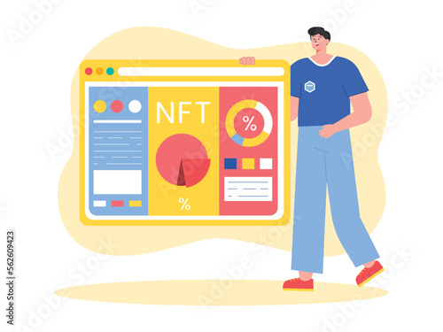Character explains the NFT business through data analysis and diagrams. Non fungible token vector illustration.