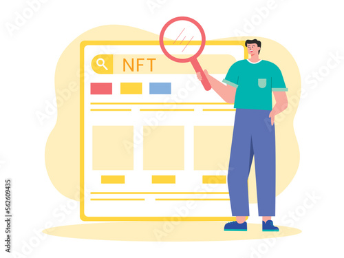 Analyze NFT business. Character with magnifying glass.