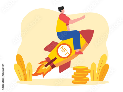 NFT business took off like a rocket. Character on a NFT rocket. Success in cryptocurrency business.